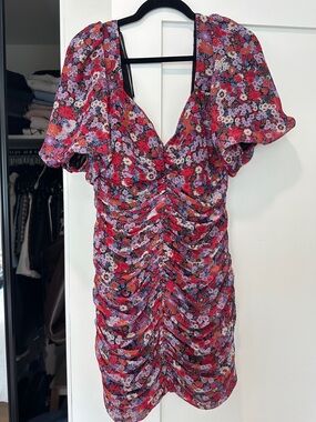 Floral Ruched V-Neck Mini Dress - Red Multi